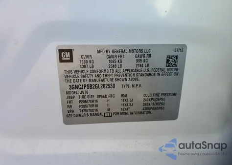 2016 Chevrolet Trax 1Lt from USA, damaged, VIN 3GNCJPSB2GL262530